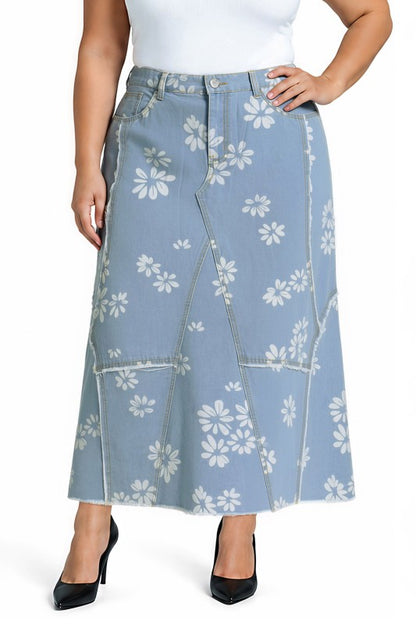 Be-Girl light blue daisy denim maxi skirt front view