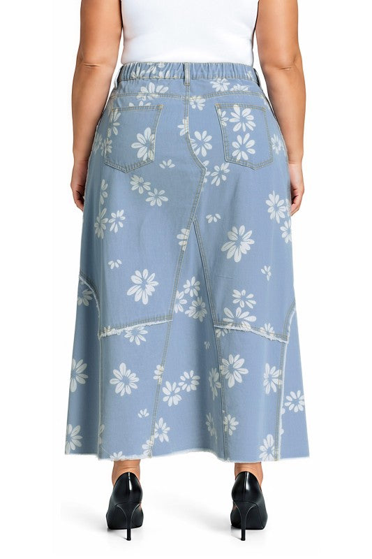 Be-Girl light blue daisy denim maxi skirt back view