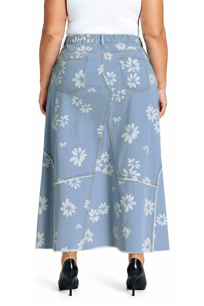 Be-Girl light blue daisy denim maxi skirt back view