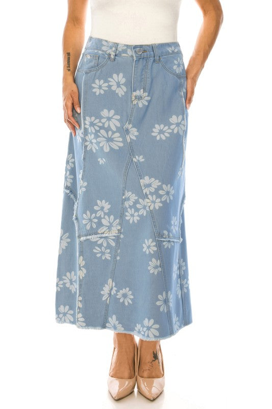 Be-Girl light blue daisy floral denim maxi skirt front view