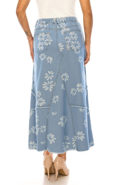 Be-Girl light blue daisy denim maxi skirt back view