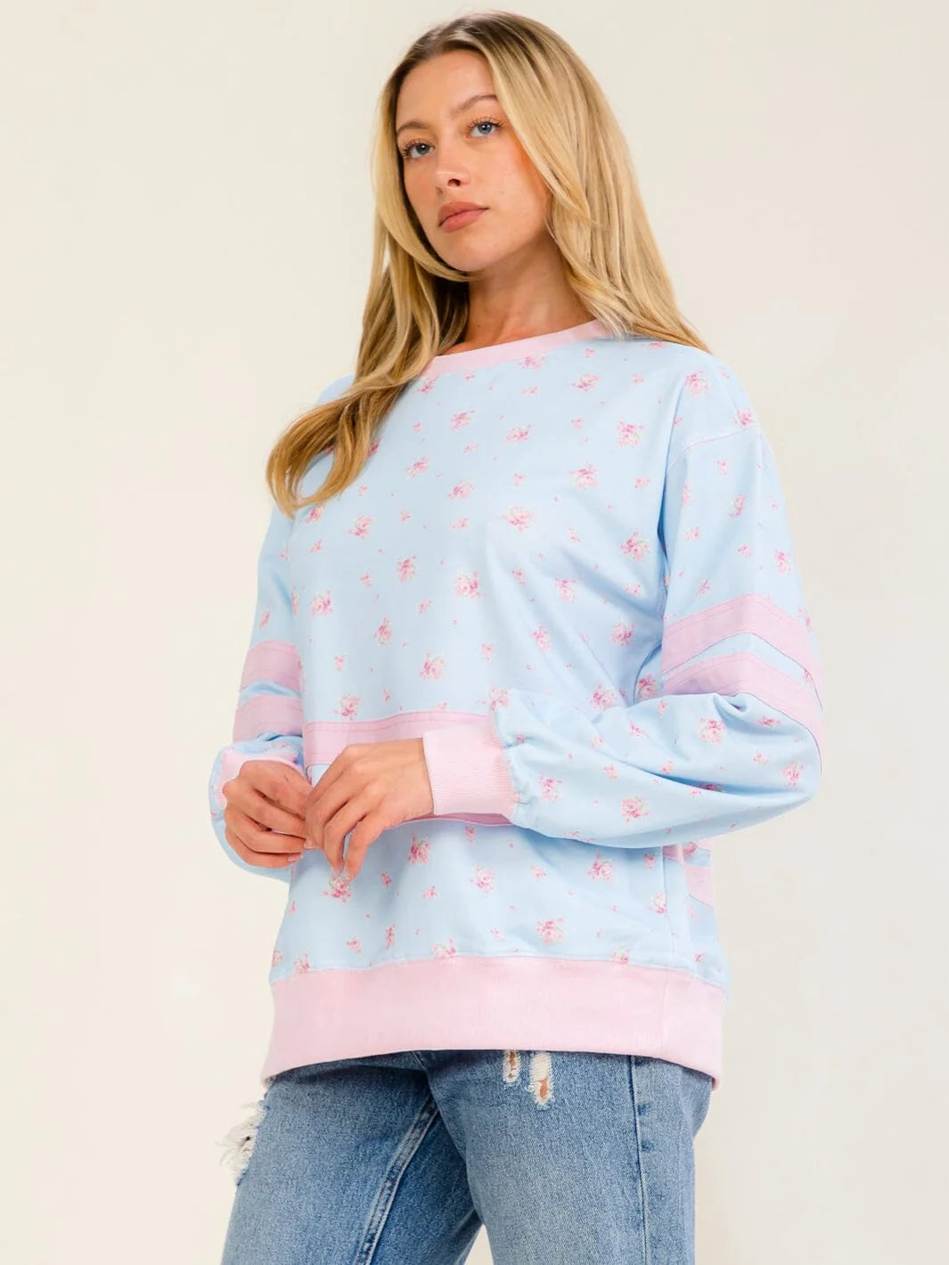 Pretty in Pink and Blue Floral Pullover front view