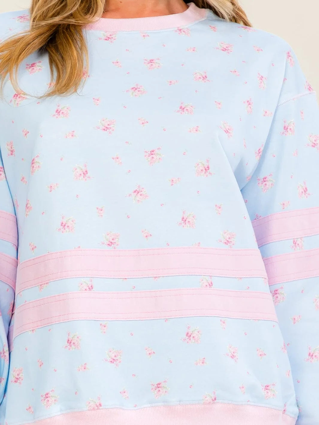 Pretty in Pink and Blue Floral Pullover detail view