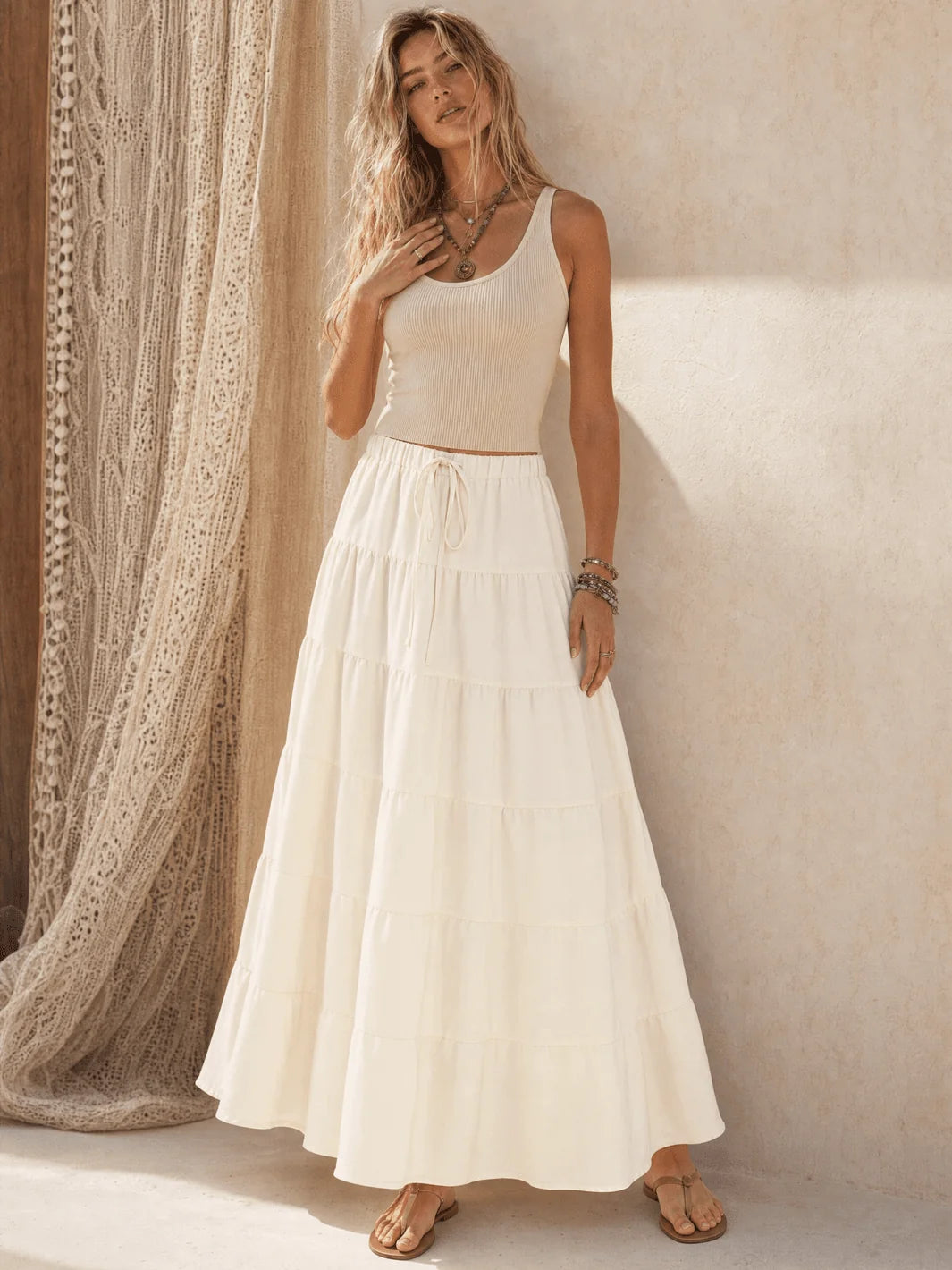 Cream tiered drawstring maxi skirt lifestyle front view