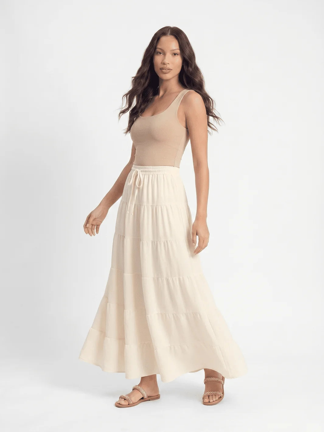 Cream tiered drawstring maxi skirt angled view