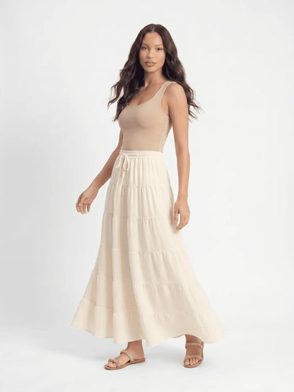 Cream tiered drawstring maxi skirt angled view
