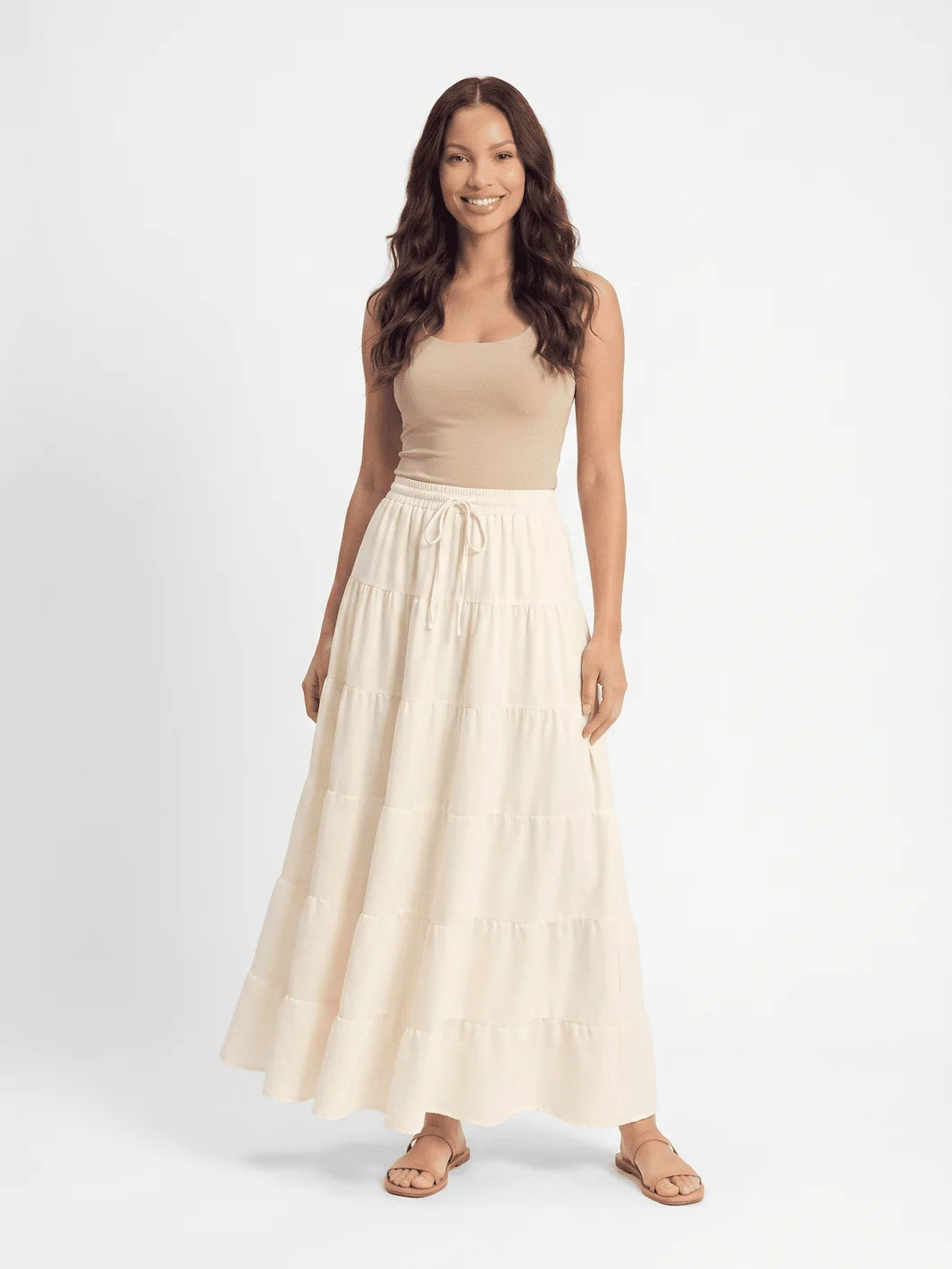 Cream tiered drawstring maxi skirt front view