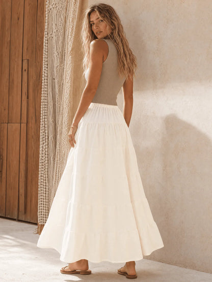 Cream tiered drawstring maxi skirt back view