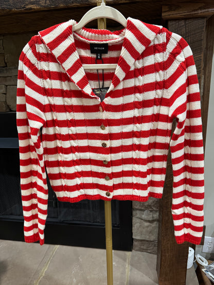 HEYSON red and cream striped cable knit cardigan