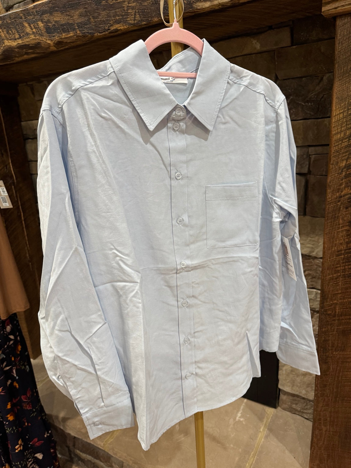 Double Zero baby blue linen blend button front shirt