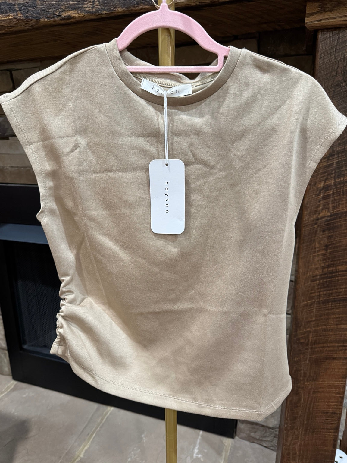 Heyson taupe side ruched cap sleeve top front