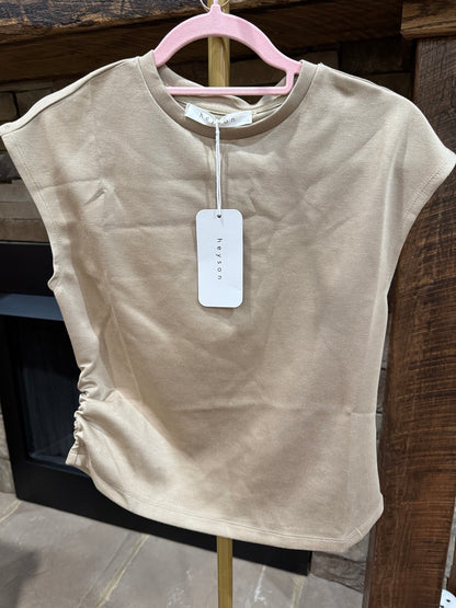 Heyson taupe side ruched cap sleeve top front