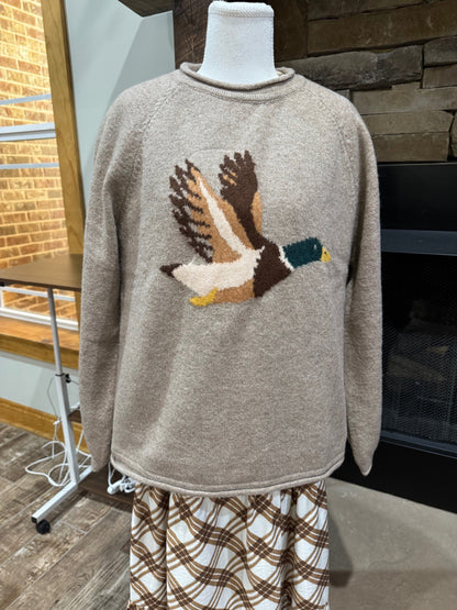 Front view of taupe mallard duck sweater