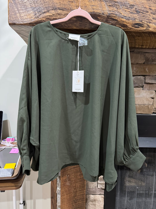 Andree dark olive blouse front view with rounded hem and balloon sleeves