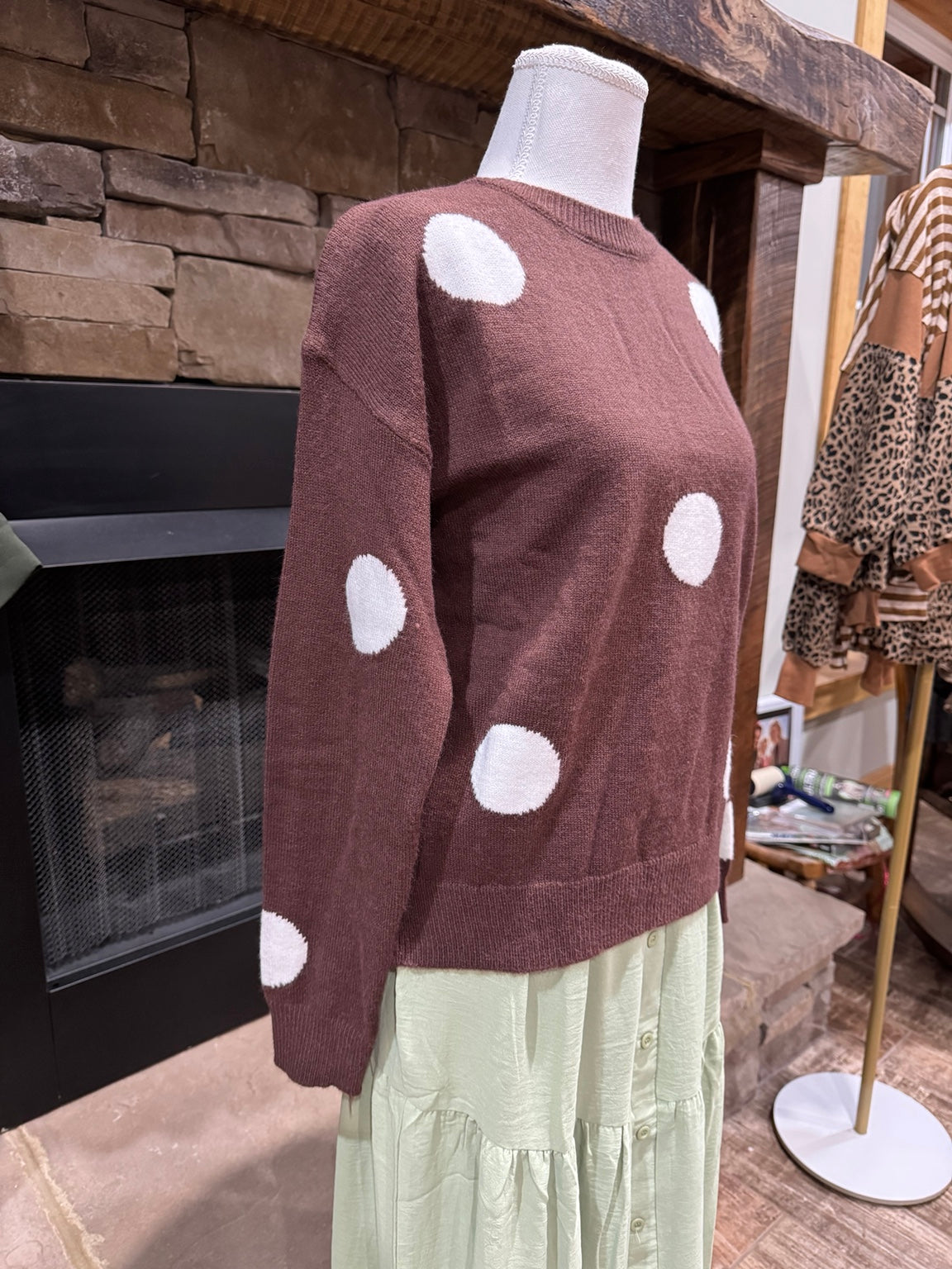 Three quarter view Timing ivory polka dot knit sweater