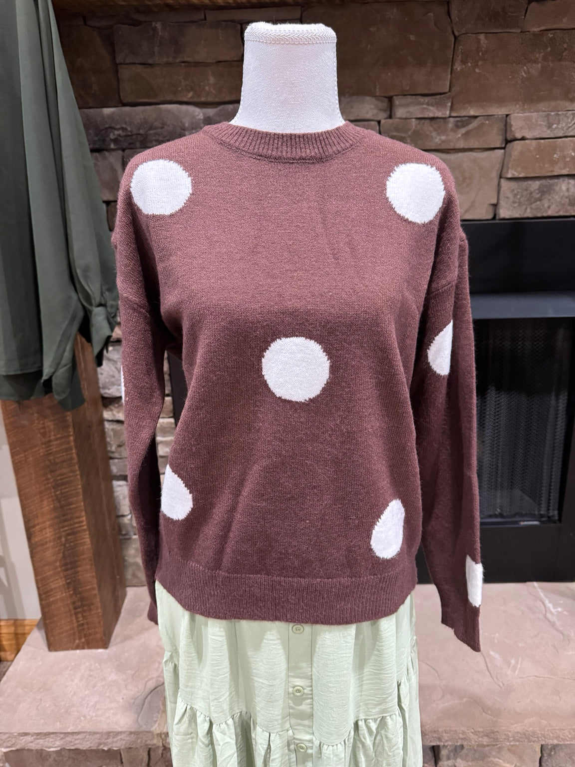 Front view Timing chocolate mauve sweater with ivory polka dots
