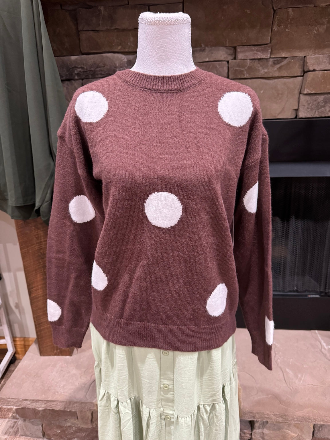 Front view of relaxed fit brown polka dot crew neck sweater