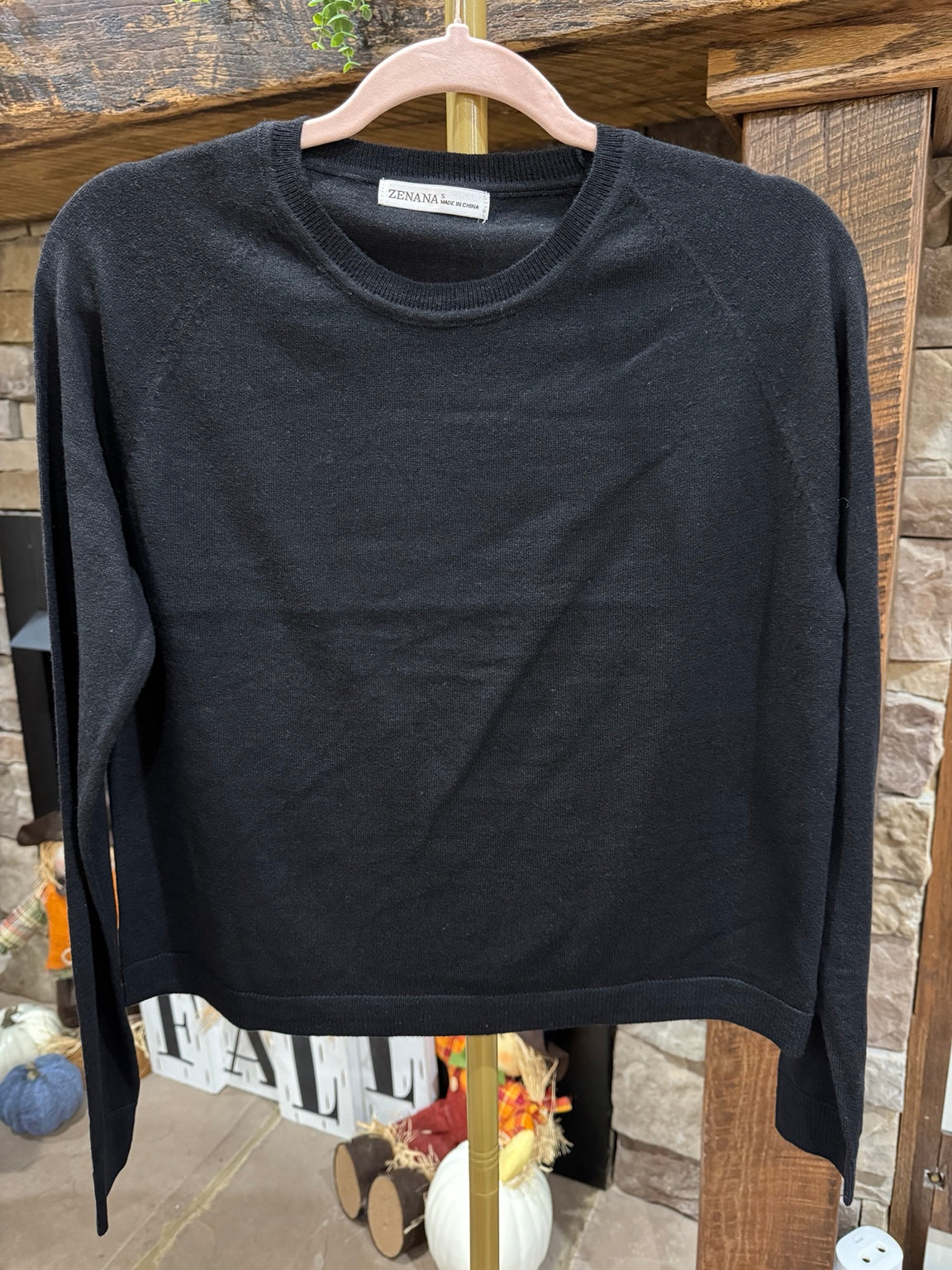 Zenana black lightweight long sleeve crewneck sweater front view