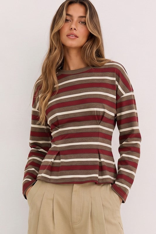 Very J wine and mocha striped waist pleated top modeled front view