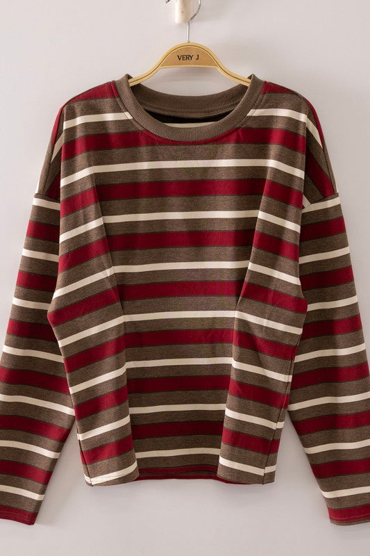 Very J wine mocha stripe top front showing neckline and waist pleats