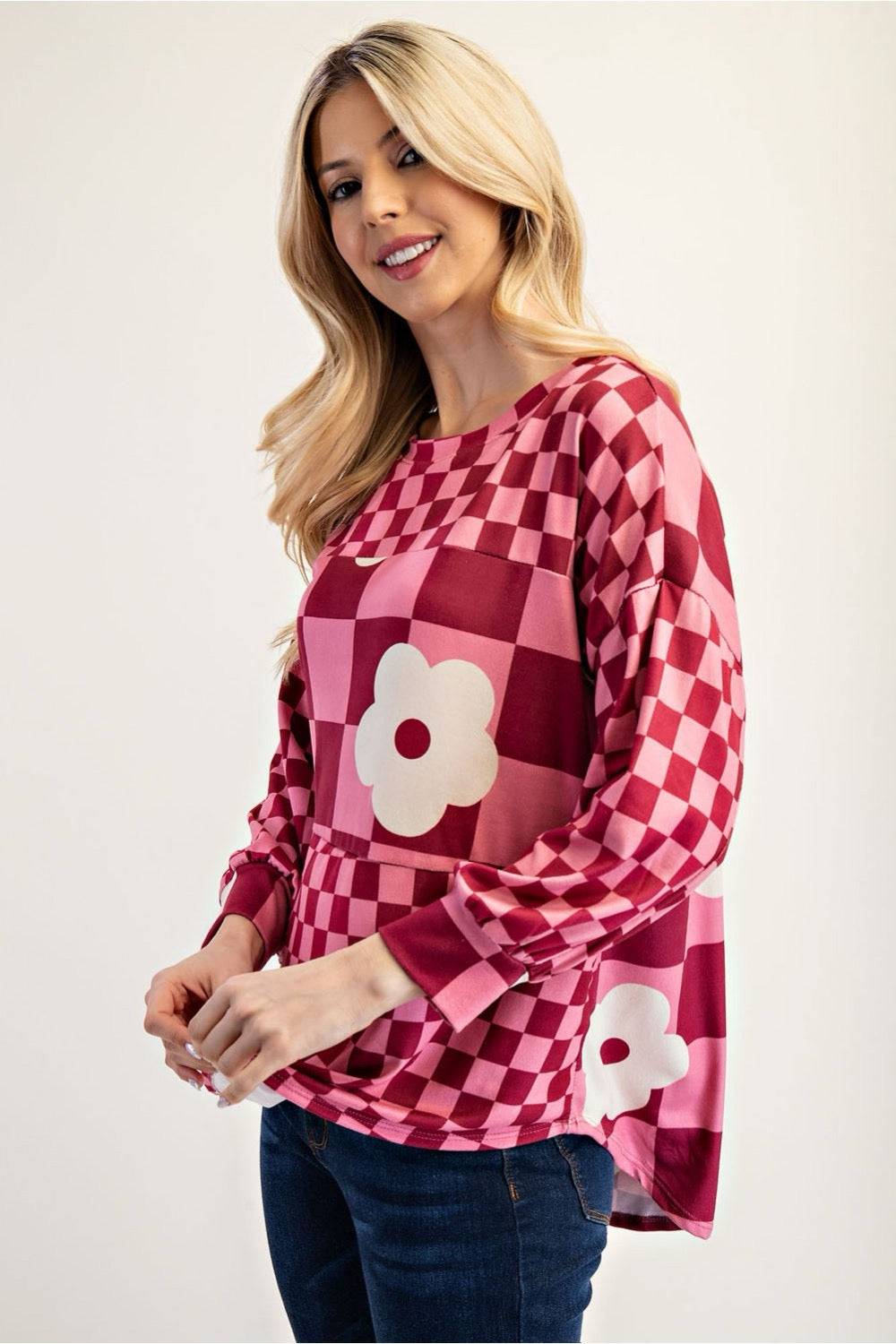 Colorblock Checkered Top by Celeste - Fuschia