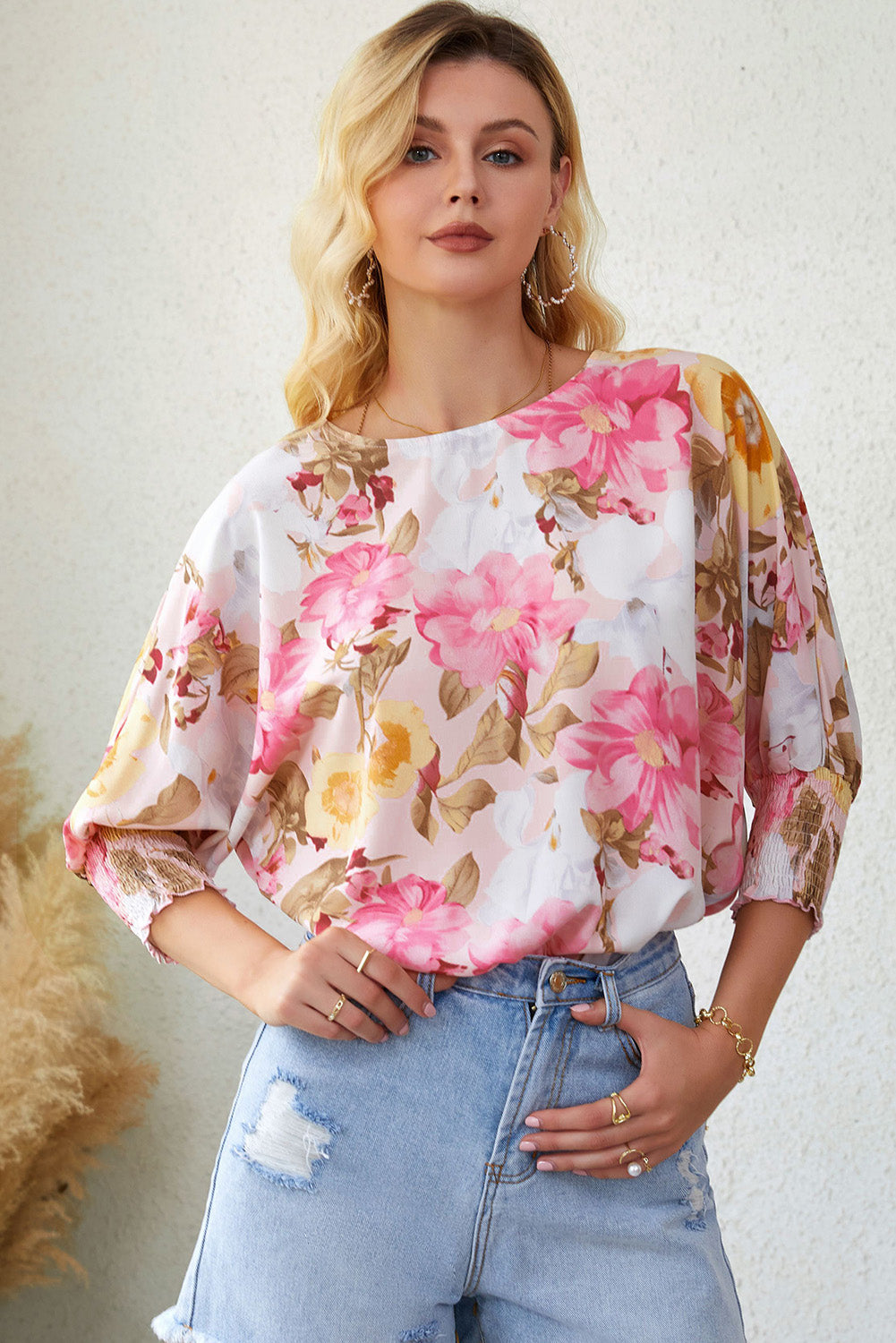 Pink Shirred Cuff 3/4 Sleeve Loose Fit Floral Blouse