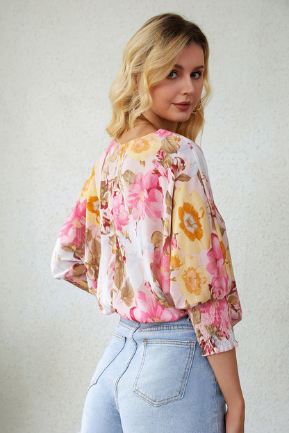 Pink Shirred Cuff 3/4 Sleeve Loose Fit Floral Blouse