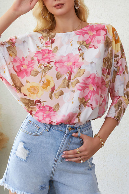 Pink Shirred Cuff 3/4 Sleeve Loose Fit Floral Blouse