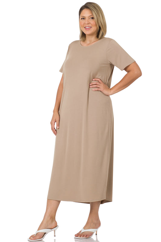 SHORT SLEEVE ROUND NECK MAXI DRESS 8342 PLUS Ash Mocha