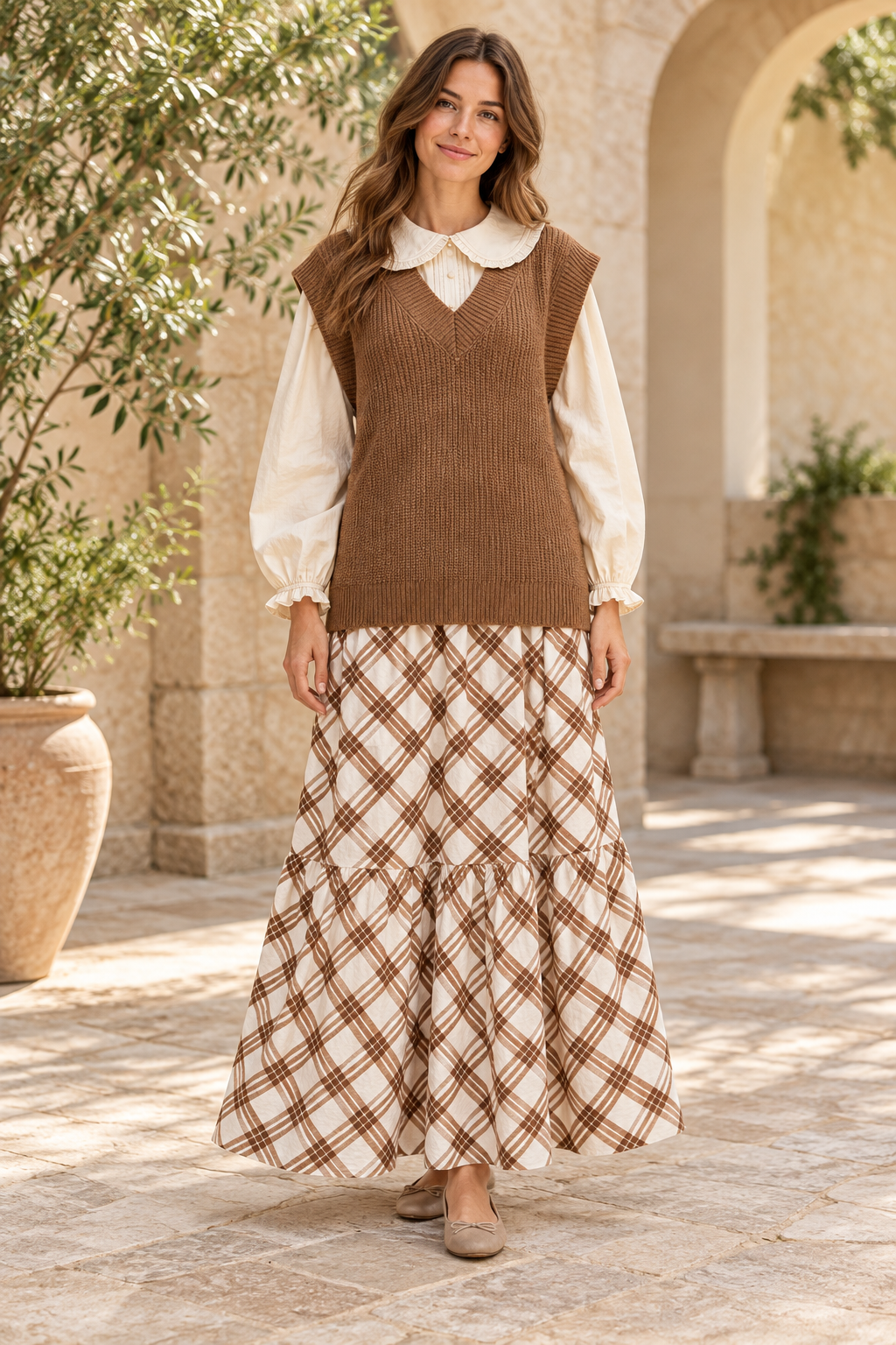 Cozy Country Fall shoppable look, plaid maxi skirt, cream Peter Pan blouse and heathered brown sweater vest