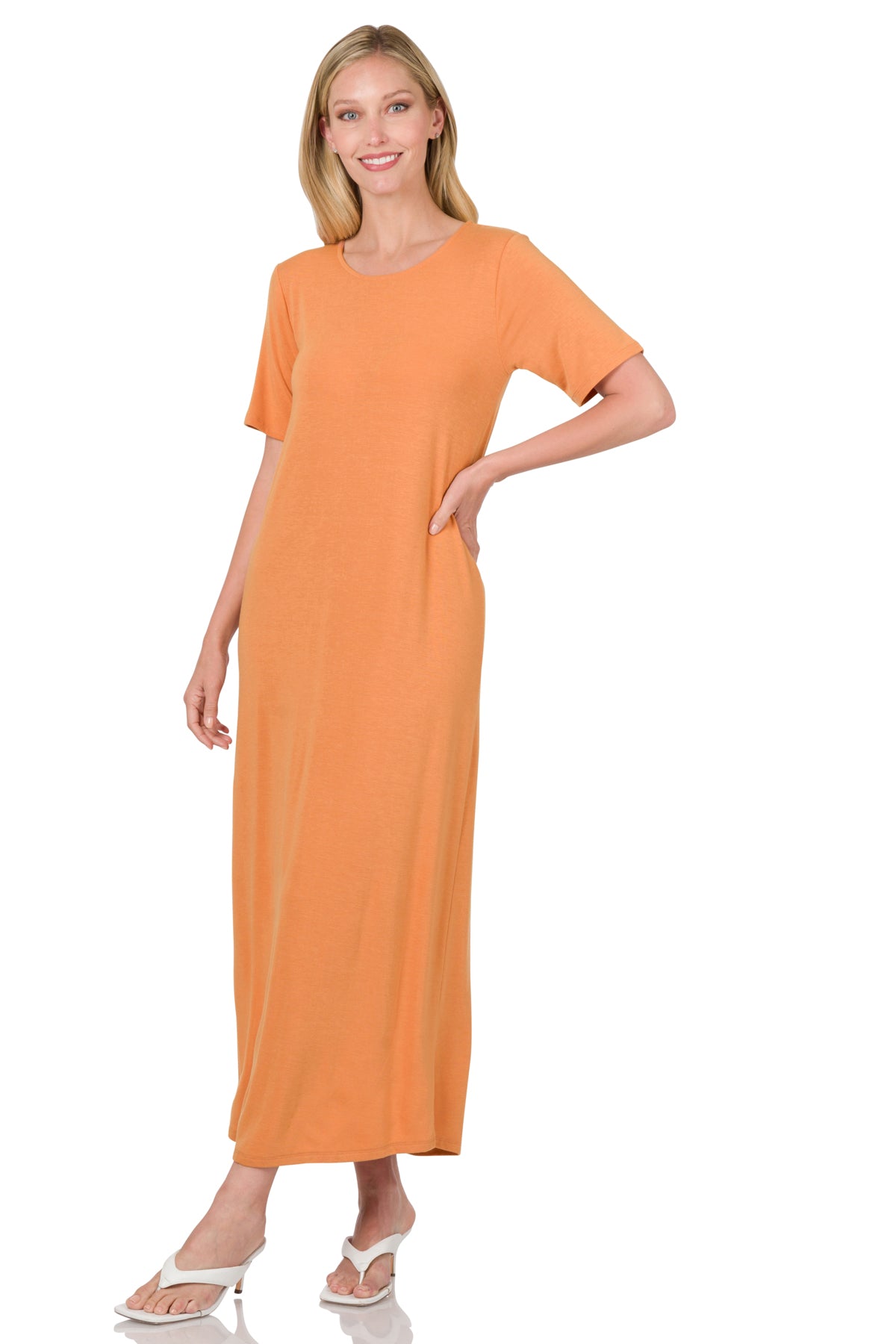 SHORT SLEEVE ROUND NECK MAXI DRESS 8342 Butter Orange