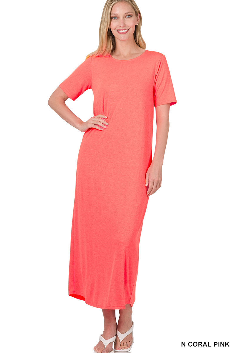 SHORT SLEEVE ROUND NECK MAXI DRESS 8342AB N Coral Pink