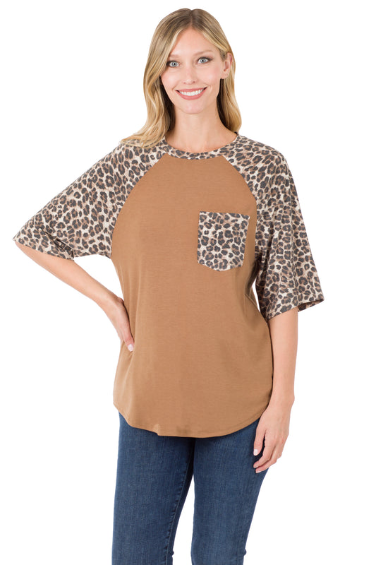 Animal Print Accent Half Sleeve Top with pocket - Deep Camel