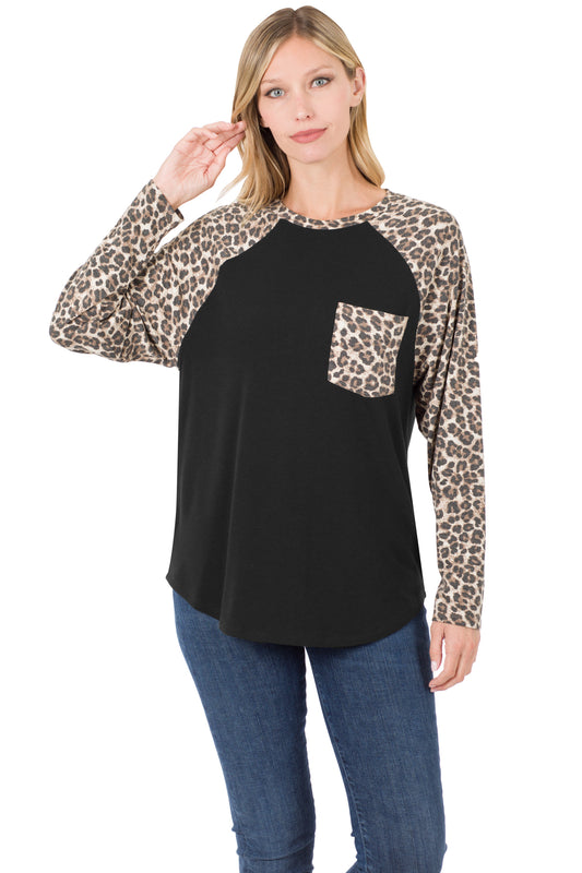 Zenana Leopard Sleeve Raglan with Pocket 8141 - Black