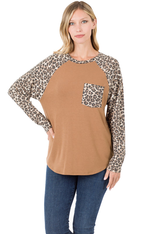 Zenana Leopard Sleeve Raglan with Pocket 8141 -Deep Camel