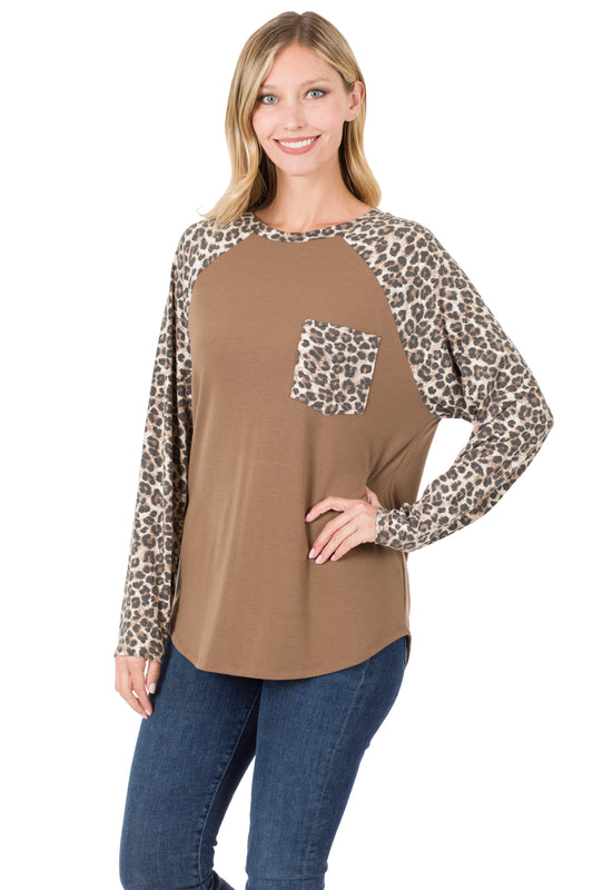 Zenana Leopard Sleeve Raglan with Pocket 8141 - Mocha