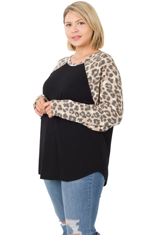 Zenana Leopard Sleeve Raglan 8142 -Black