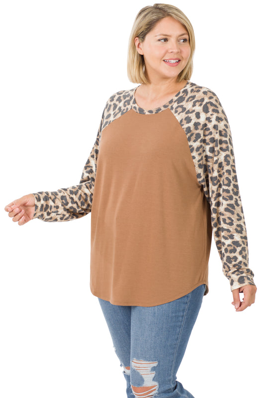 Zenana Leopard Sleeve Raglan 8142 - Deep Camel