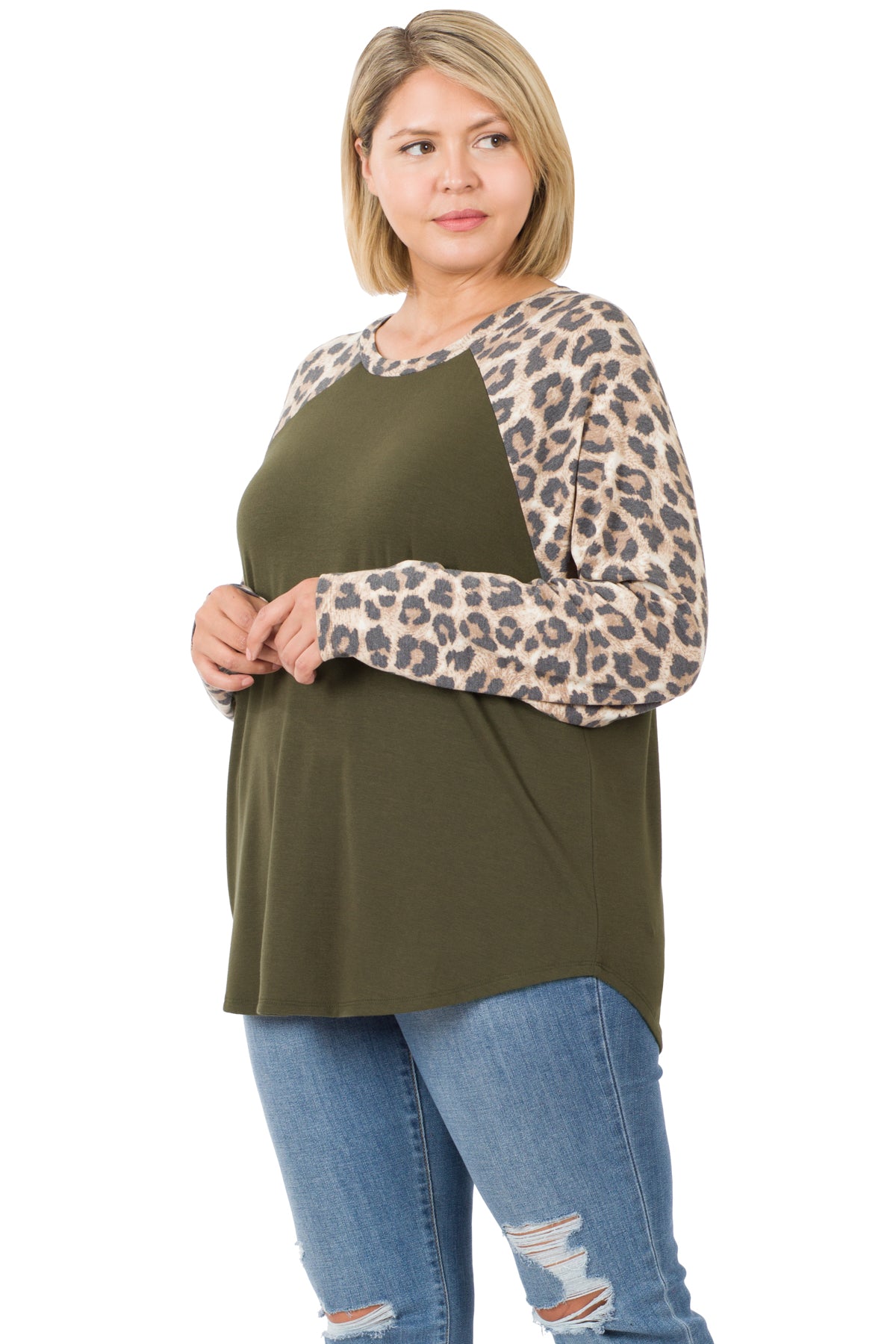 Zenana Leopard Sleeve Raglan 8142 -Dark Olive