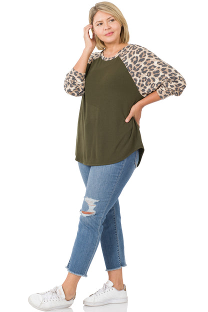 Zenana Leopard Sleeve Raglan 8142 -Dark Olive