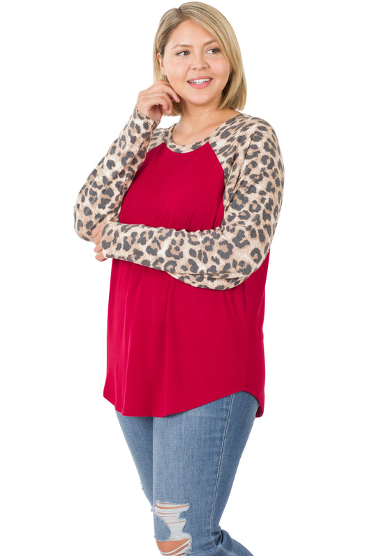 Zenana Leopard Sleeve Raglan 8142 -Deep Red