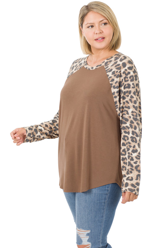 Zenana Leopard Sleeve Raglan 8142 - Mocha