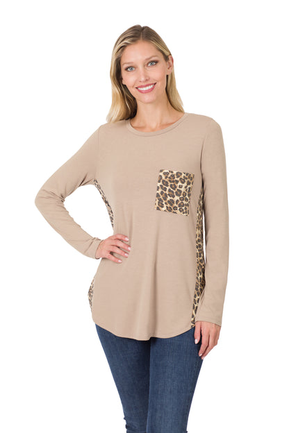 8224 Animal Print Accent Side Panel Long Sleeve Top with pocket - Ash Mocha