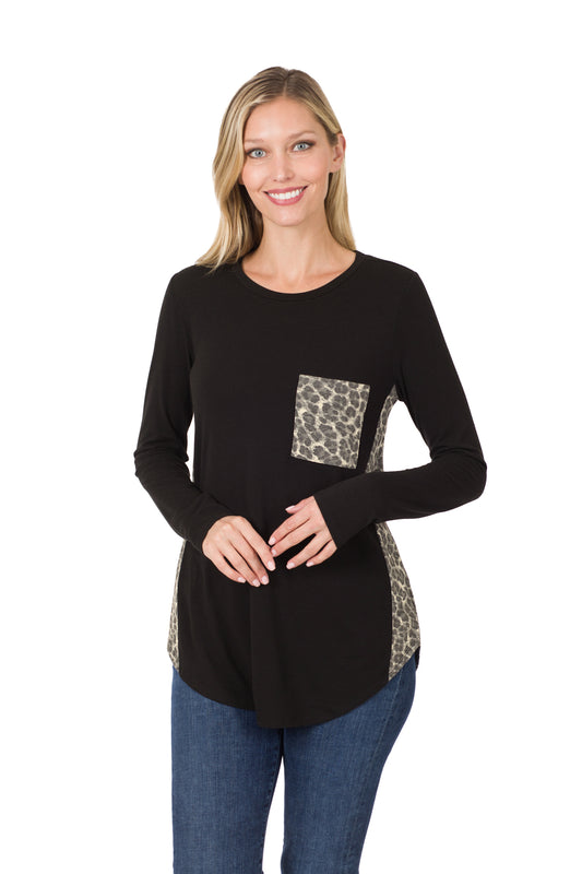 Animal Print Side Panel Accent Long Sleeve Top with pocket - Black