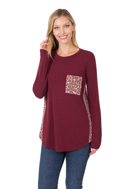 8224 Animal Print Accent Side Panel Long Sleeve Top with pocket -Dk Burgundy