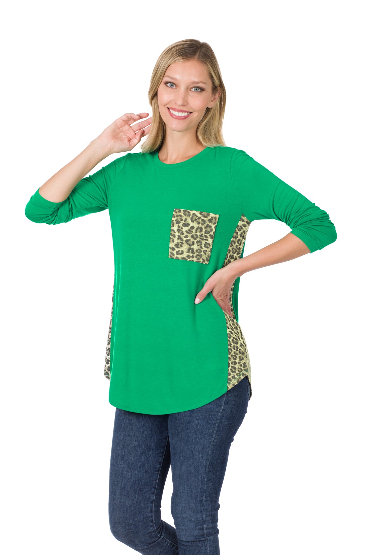 8224 Animal Print Accent Side Panel Long Sleeve Top with pocket -Kelly green