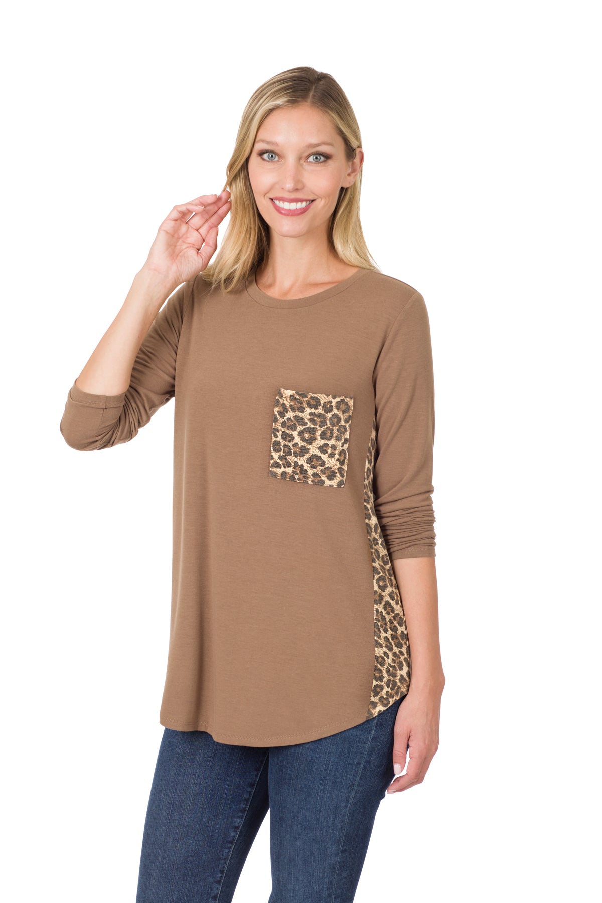 8224 Animal Print Accent Side Panel Long Sleeve Top with pocket - Mocha