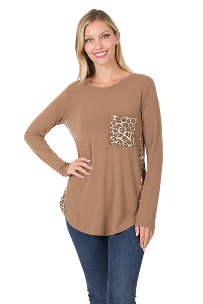 8224 Animal Print Accent Side Panel Long Sleeve Top with pocket - Mocha