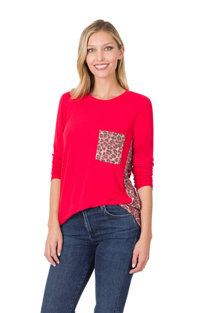 8224 Animal Print Accent Side Panel Long Sleeve Top with pocket - Red