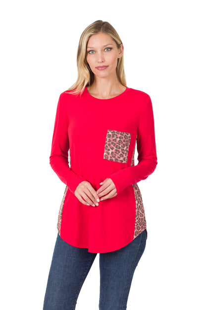 8224 Animal Print Accent Side Panel Long Sleeve Top with pocket - Red